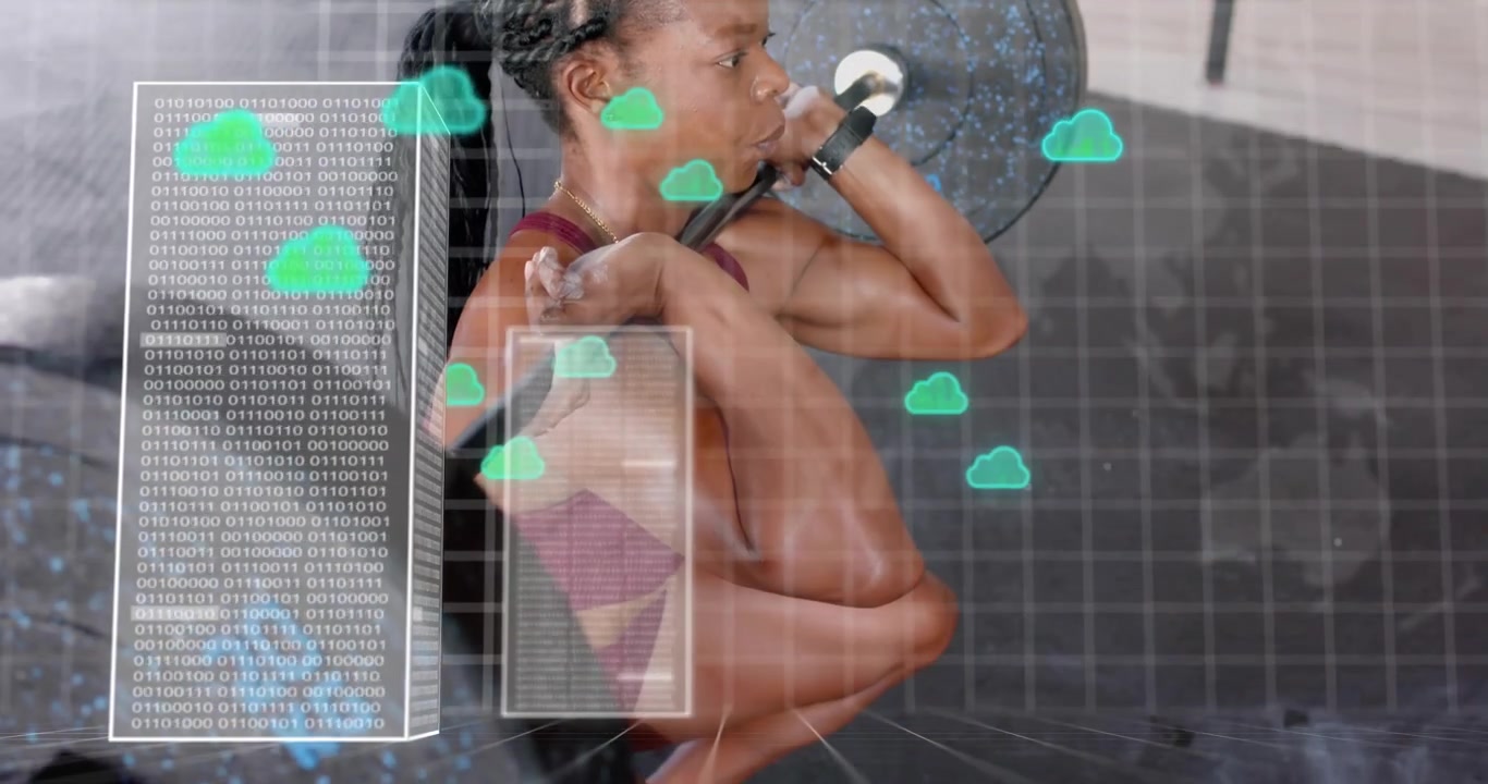 woman holding barbell front rack at gym showing panels and multiplying icons illustrating data flow