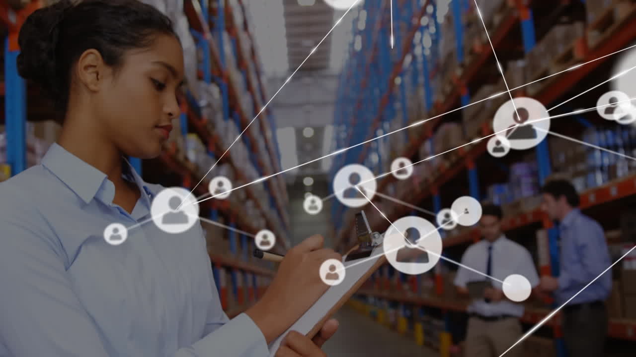 animación de la red de conexiones entre diversos trabajadores en el almacén