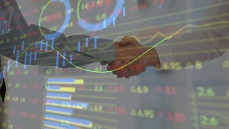 animation of financial data processing over business people shaking hands