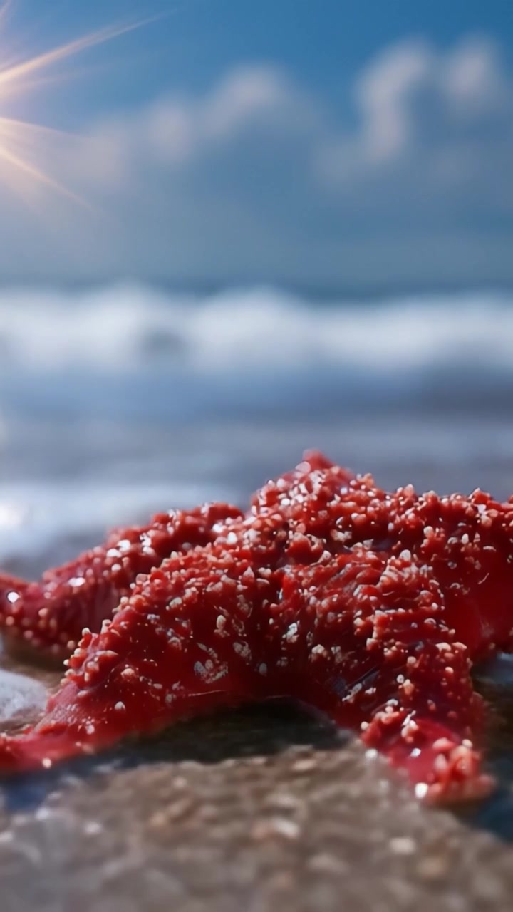 きらめく海を背景に、海岸線に佇む鮮やかな赤いヒトデのクローズアップ。海洋生物の美しさと自然の織りなす質感を捉える。