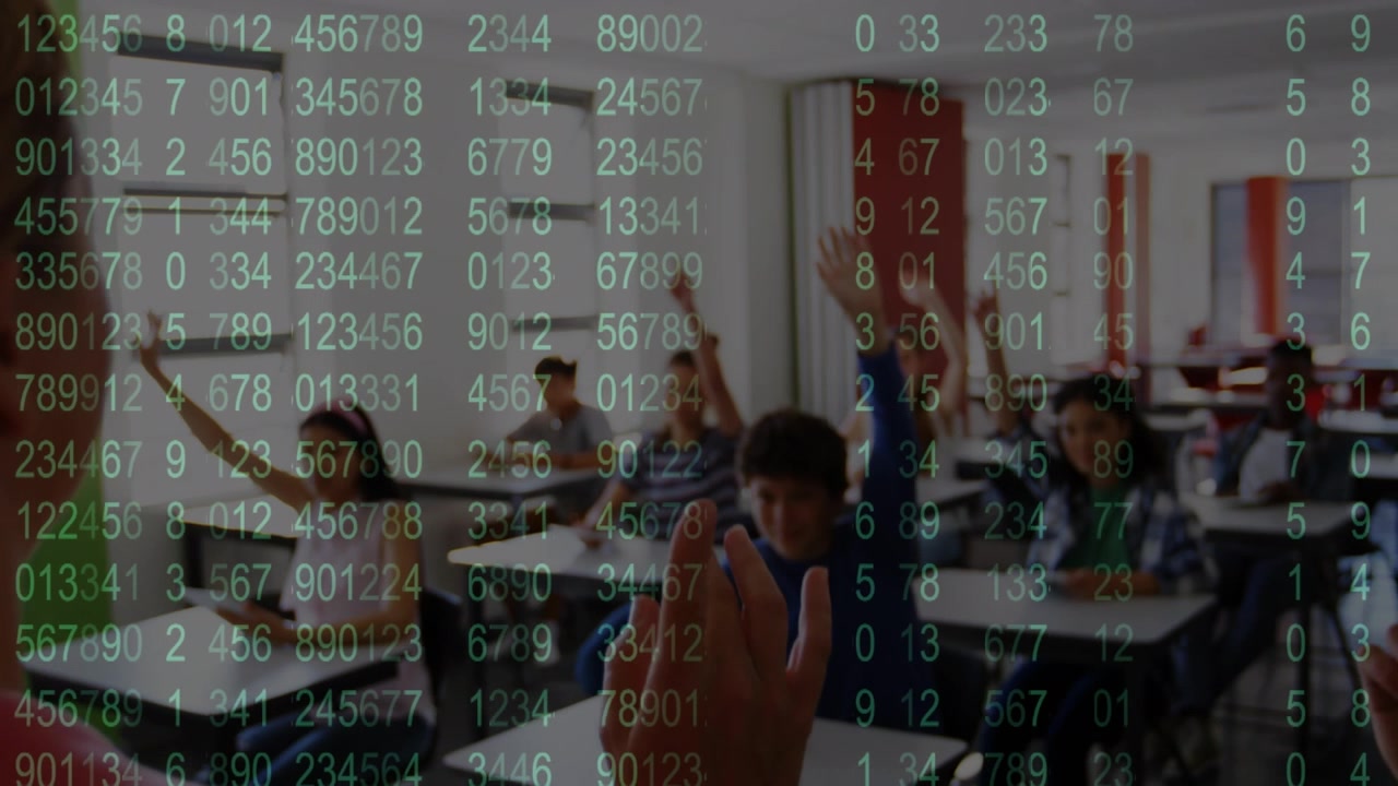 Binary coding data processing over group of diverse kids raising their hands in class at school