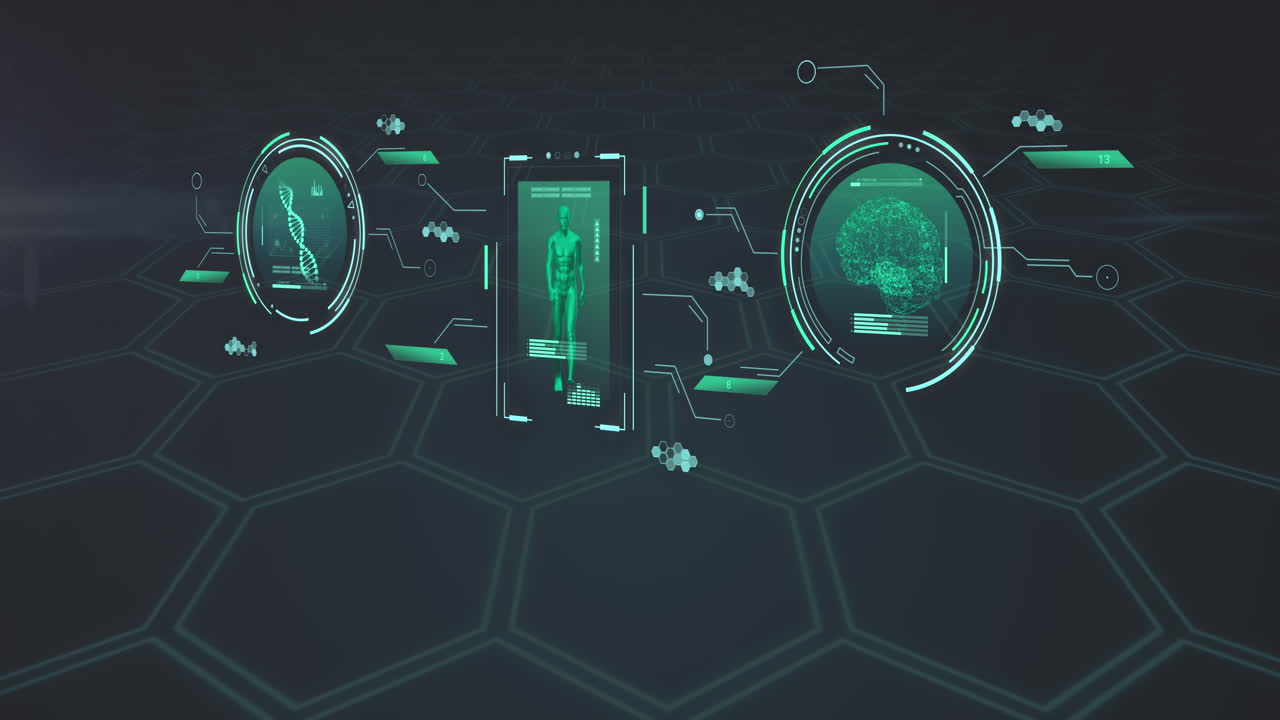 Animation of data processing with human walking and brain over shapes