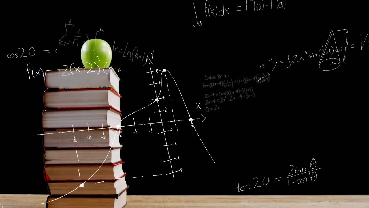 Mathematical equations floating against apple on stack of books