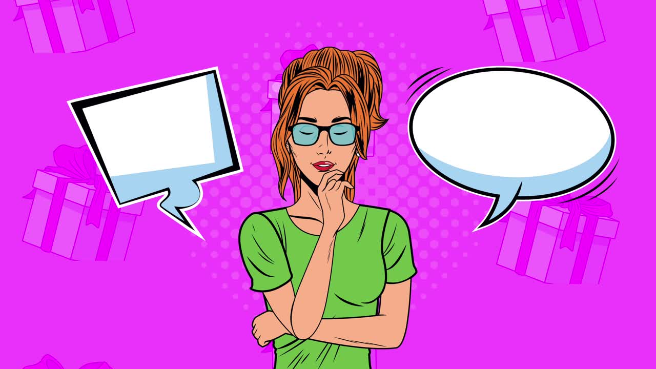 mujer hermosa con regalos y burbujas de habla estilo pop art