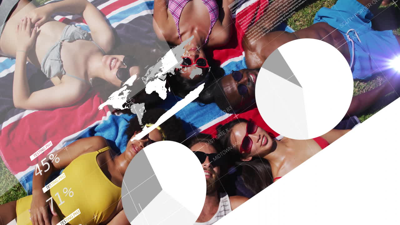 Relaxing on beach towels, diverse friends viewing animation with data charts overlay