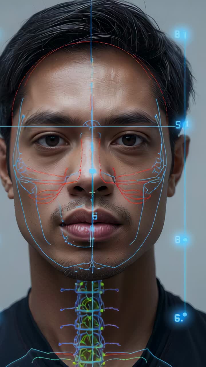 Vertical video: Displaying AR scan overlay, Asian male holding gaze in ...