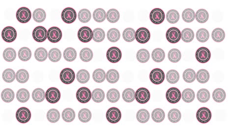 animación de múltiples logotipos de cinta rosa y texto de cáncer de mama que brilla sobre un fondo blanco