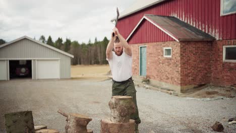 Adult-Man-With-A-Beard-Cutting-Huge-Log-Using-Sharp-Axe