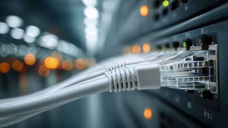 Close-Up of Ethernet Cables Plugged into a Network Switch with Illuminated Ports, Highlighting the Importance of Connectivity in Modern Data Environments