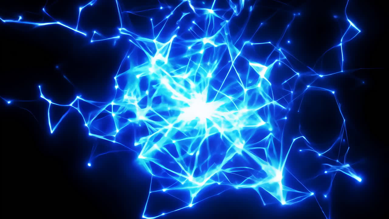 Electric Blue Abstract Network on Black Background. An intricate network of electric blue lines radiates from a bright center against a dark backdrop.