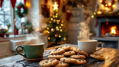 cozy christmas scene with hot drinks and chocolate chip cookies