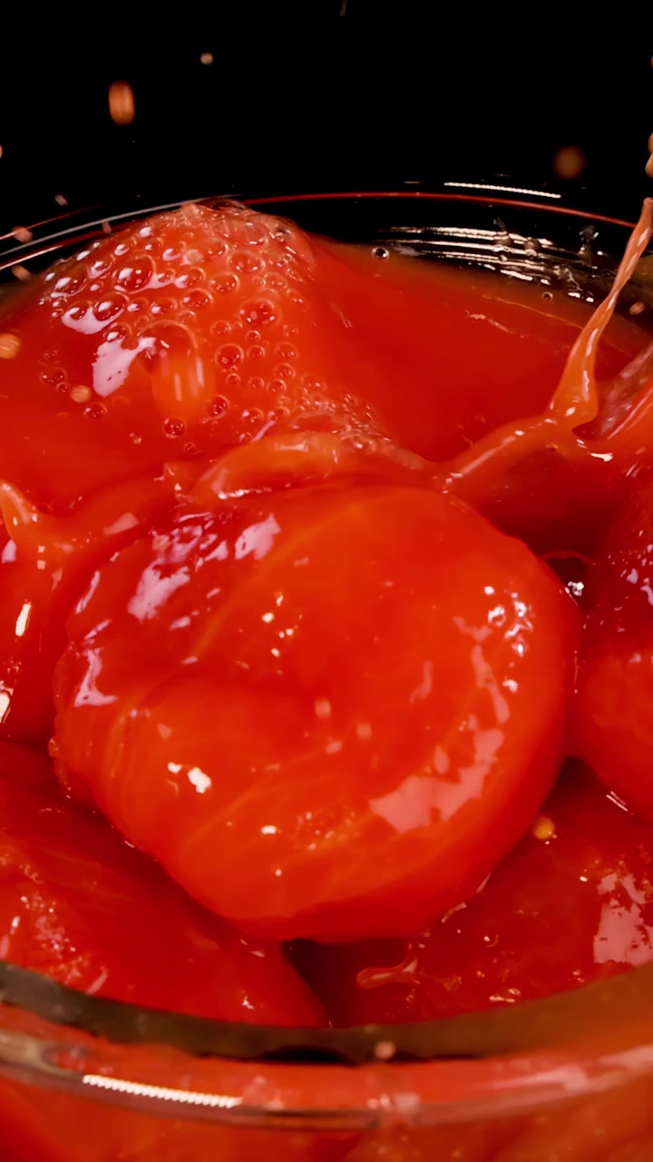 Un pomodoro intero pelato cade in una lattina di salsa di pomodoro, creando schizzi e bolle. Primo piano, ripresa ad alta velocità con illuminazione da studio drammatica e sfondo nero