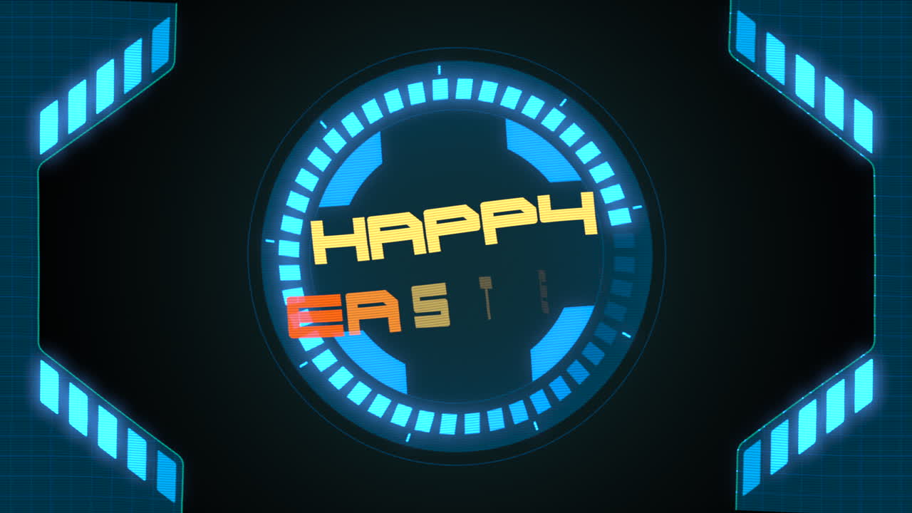 feliz pascua en la pantalla digital con elementos de hud y círculos