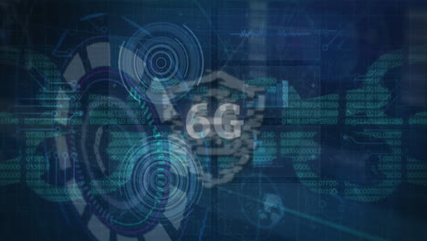 animación de escaneo de alcance y texto 6g con escudo de seguridad en línea y cadenas