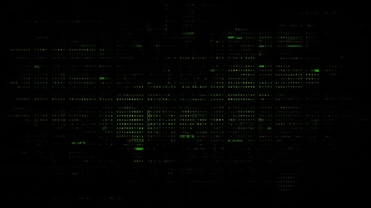 Futuristic abstract de-focus data matrix, meta, metaverse, telemetry and encrypt numbers display with particles simulation in cyber space environment for head up display background