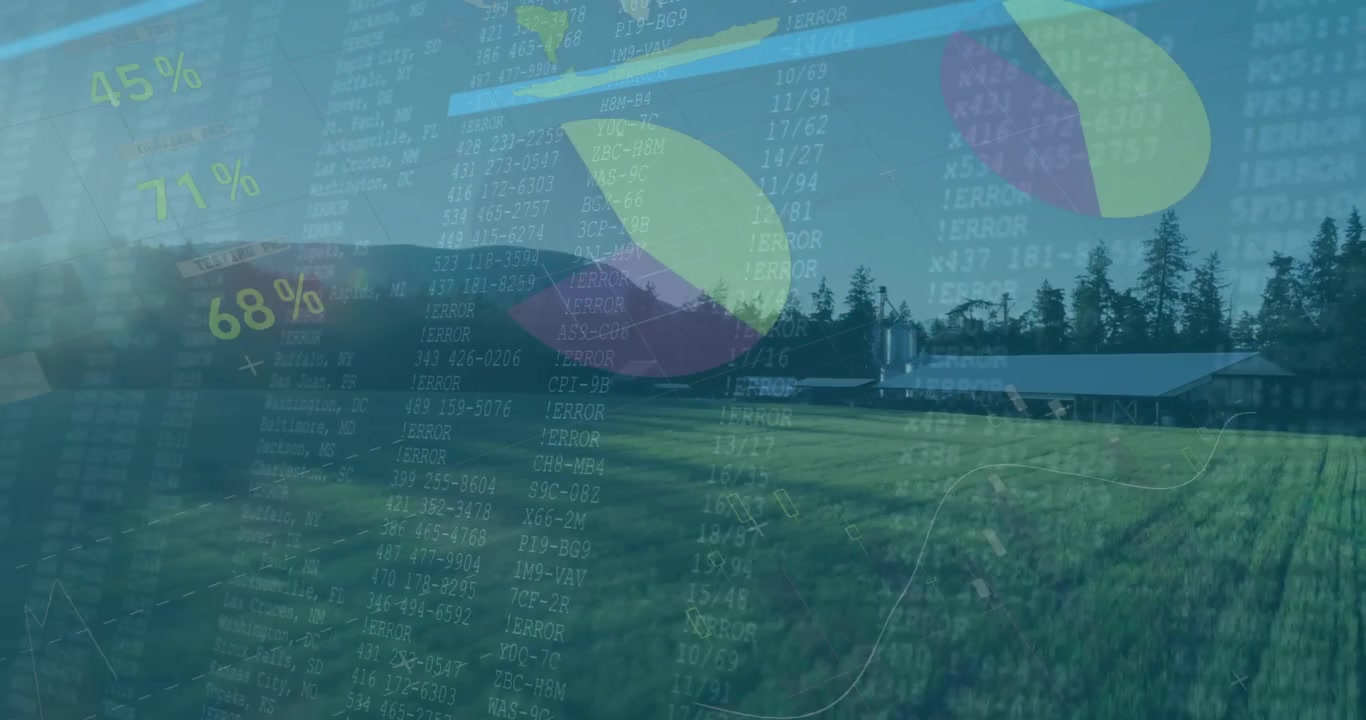Alussa lato ja siilot seisovat paikallaan, samalla kun animoidut grafiikat haalistuvat ja kartoittavat maatilan tietoja.