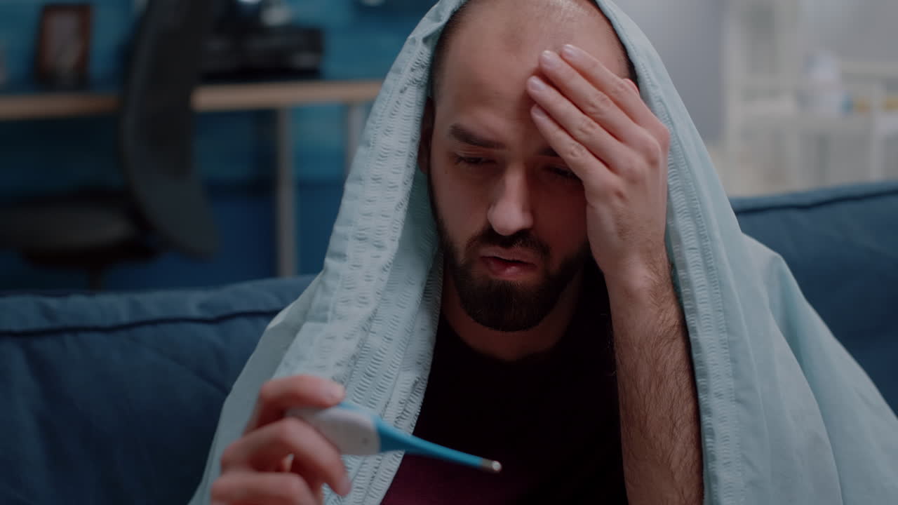 Close up of unwell adult looking at thermometer