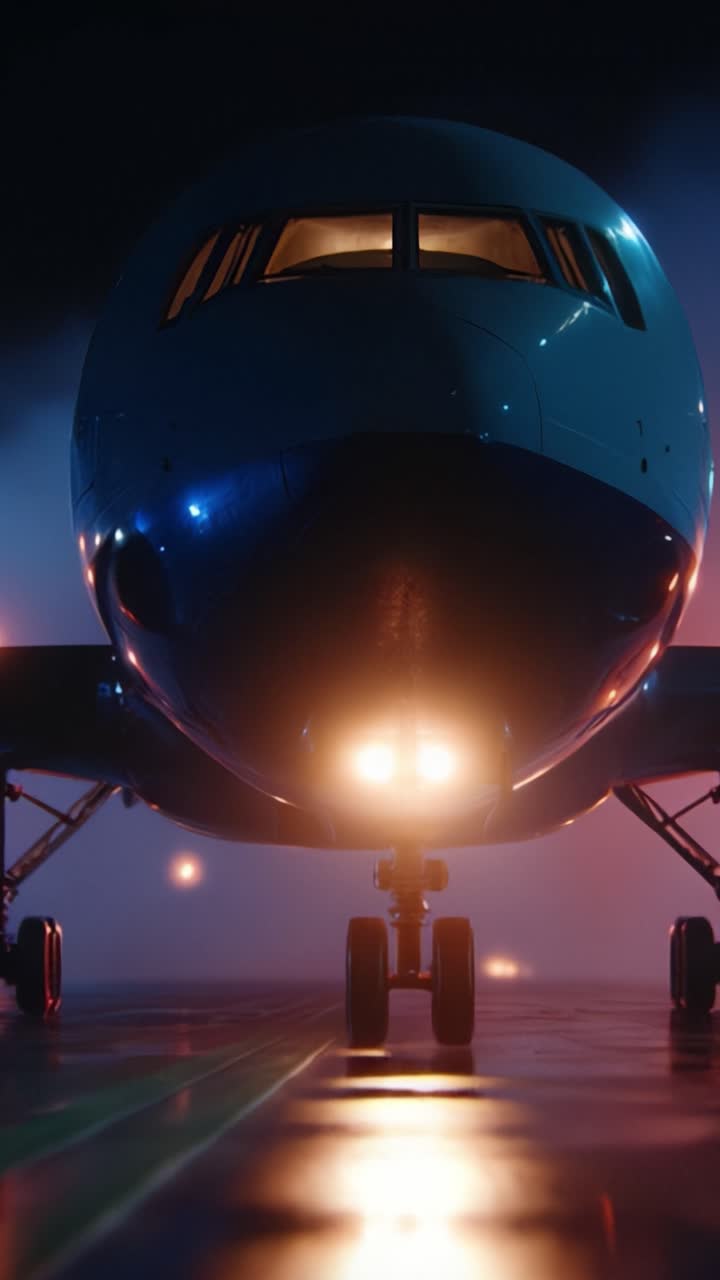 Maestoso aereo sulla pista: uno sguardo ravvicinato a un aereo moderno preparato per il decollo sotto un cielo notturno con luci e colori illuminanti.