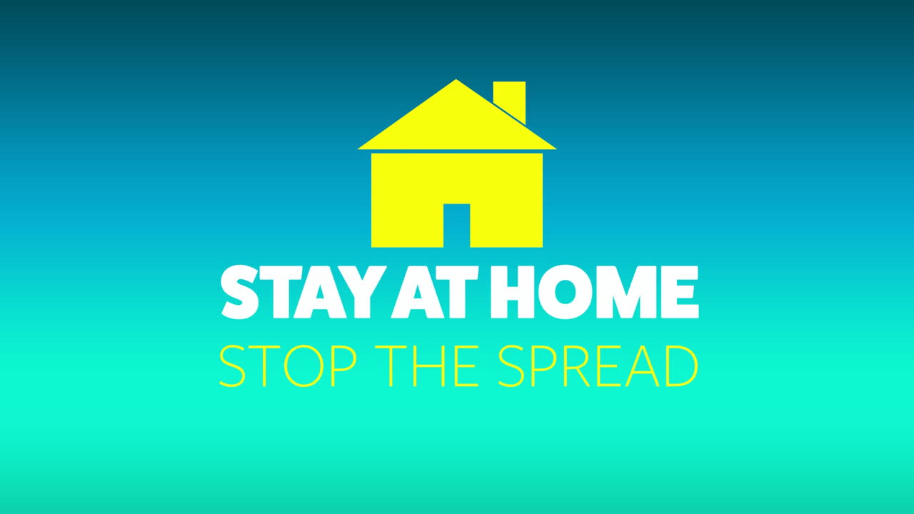 파란색 배경에 집에 머물라는 단어와 함께 노란색 집의 애니메이션