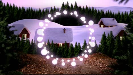 decorative fairy lights against winter landscape with house and trees
