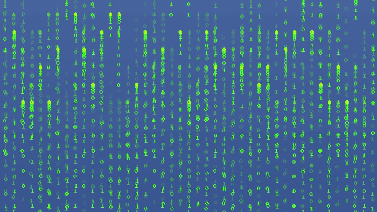animatie van gegevensverwerking met binaire codering op blauwe achtergrond
