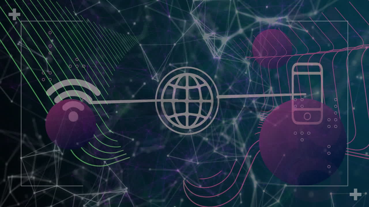 Animation of globe icon with digital connections and shapes for network concept