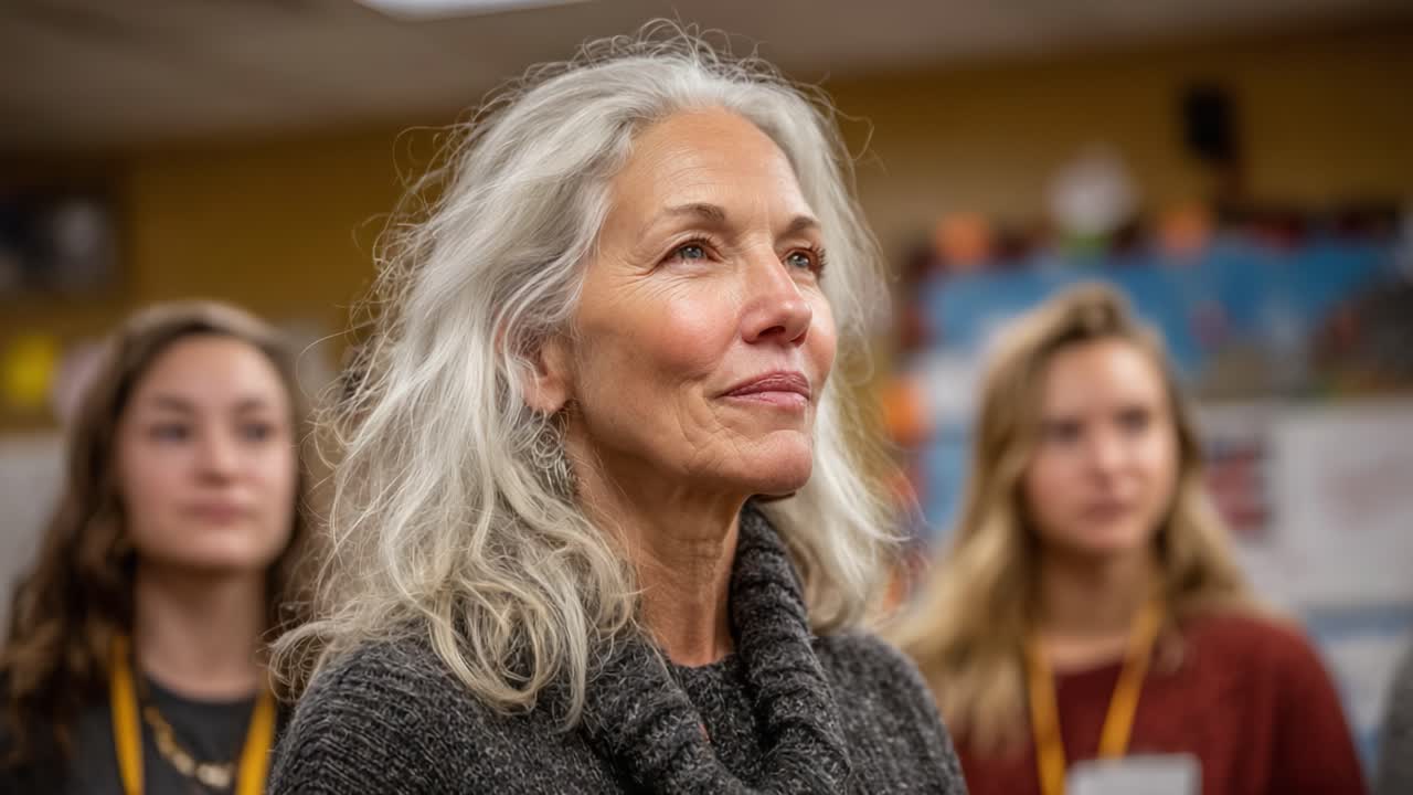 A Pensive Woman's Reflection: Embracing Emotion and Connection in a Classroom Setting with Engaged Learners Present