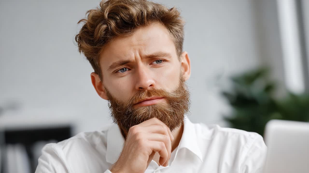 Contemplative Young Man with a Beard Deep in Thought at Home Office, Reflecting on Ideas and Decisions, Exuding Confidence and Professionalism in a Modern Atmosphere