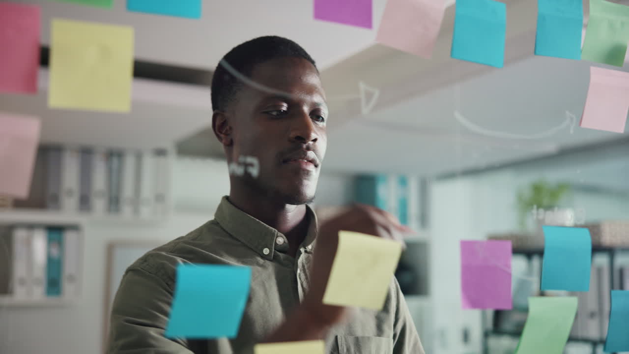 Man Brainstorming with Post-it Notes on Glass Board