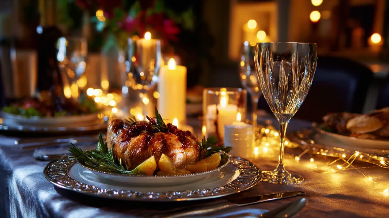 An Elegant Dinner Setting Featuring a Gourmet Roast Chicken Surrounded by Delicious Sides, Glimmering Candles, and Tasteful Decorations, Ideal for a Special Occasion or Festive Gatherings