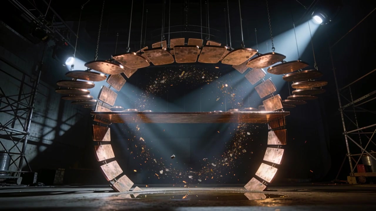 Engaging motors lowering copper ring top plates over center in dark warehouse, with spotlights