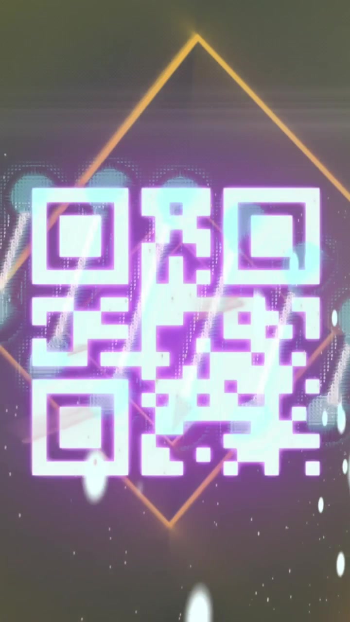 Animation of glowing qr code over dna strand and orange neon lights