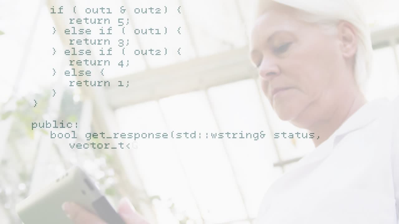 Senior woman tapping tablet screen and scrolling C++ code overlay in garden walkway for code review
