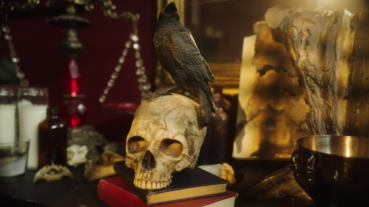 Raven On A Skull, With Books, Bottles, And A Chalice In A Dark, Spooky Room. - close-up shot