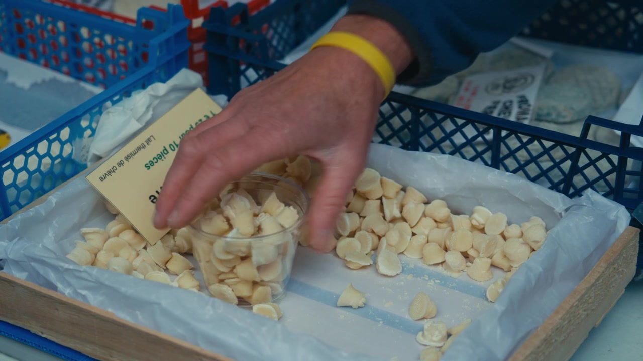 Close-Up High-Angle Shot of a Vendor's Hand Arranging Small Apero Chevre Goat Cheese Pieces with a Price Label at an Outdoor Market in the South of France
