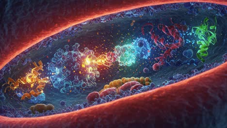 a stunning visualization of molecular processes in a cell: witness the dynamic interactions and colorful structures of proteins, dna, and other biomolecules
