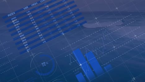 Animation-of-infographic-interface,-pie-chart-over-aerial-view-of-seascape-against-clear-sky