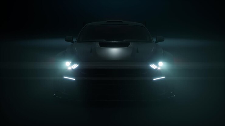 Front View Silhouette Car With Headlights On Dark Black Background