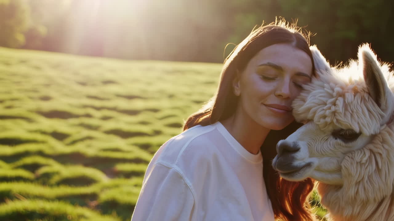A woman affectionately interacts with an alpaca in a sunlit field