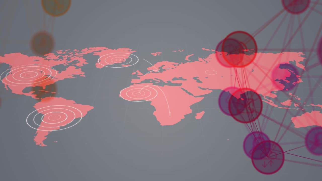 globo de iconos digitales girando contra círculos pulsantes en el mapa del mundo contra un fondo gris