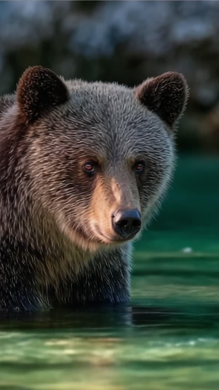 Un Orso Grizzly Che Esplora il Suo Ambiente Con Curiosità, Catturato in Due Fotogrammi Che Ritraggono la Sua Maestosa Presenza in un Sereno Paesaggio Acquatico