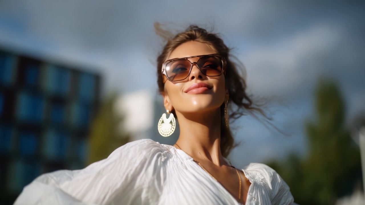 Donna sicura di sé che si gode lo stile di vita all'aperto con occhiali da sole alla moda e accessori chic, con uno sfondo naturale e arioso