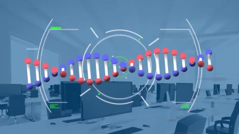 Animation-Des-Spinnens-Von-DNA-Strängen-Und-Scannen-Des-Zielfernrohrs-über-Einem-Leeren-Büro