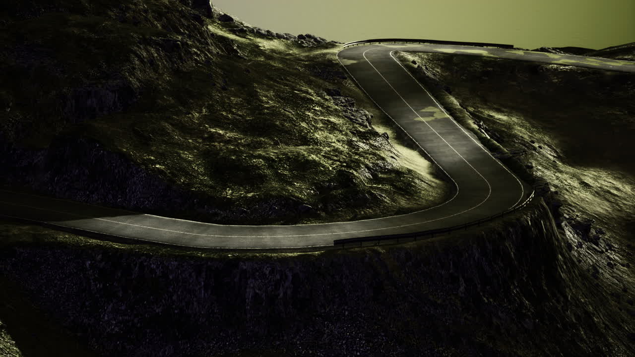 Winding road through rocky cliffs under mysterious twilight sky