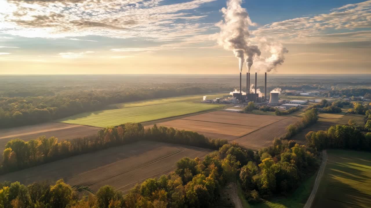 Aerial video view of a power plant emitting smoke, surrounded by vast fields and forests