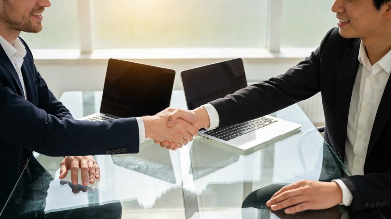 Leaning two suit-clad men shaking hands sealing deal at glass table in meeting room with laptops