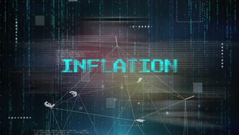 animación de texto de inflación sobre datos digitales y conexiones de red de fondo