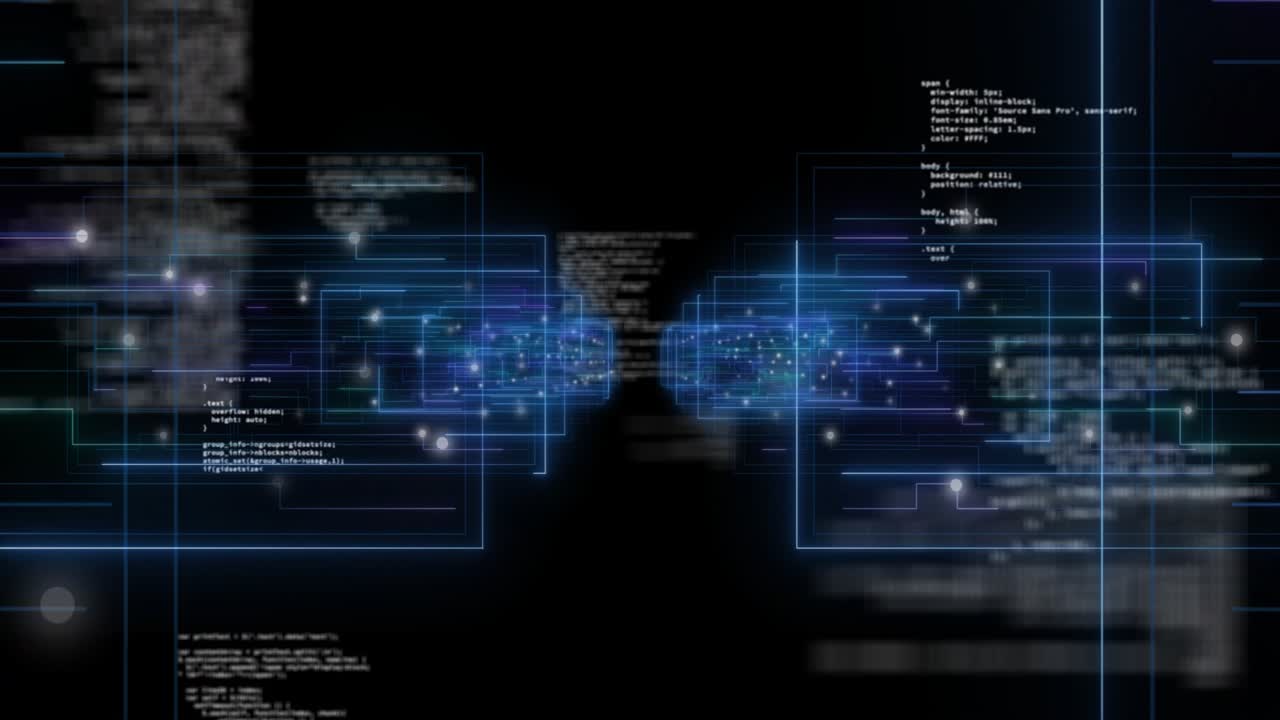 Opening black frame showing neon-blue frames emerging, shifting inward, pulsing ring enclosing code