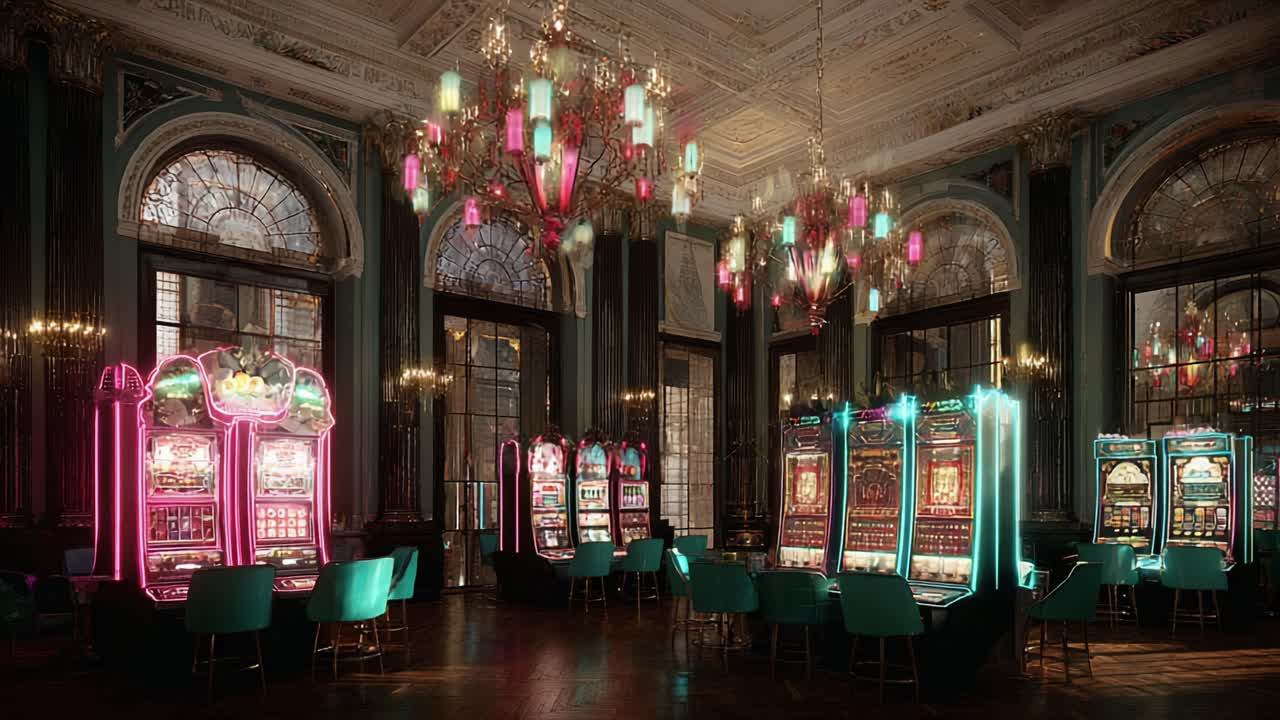 A Captivating Glimpse into the Enchanting World of Slot Machines in a Luxurious Casino, Highlighting the Vibrant Colors and Elegant Design of the Interior Space