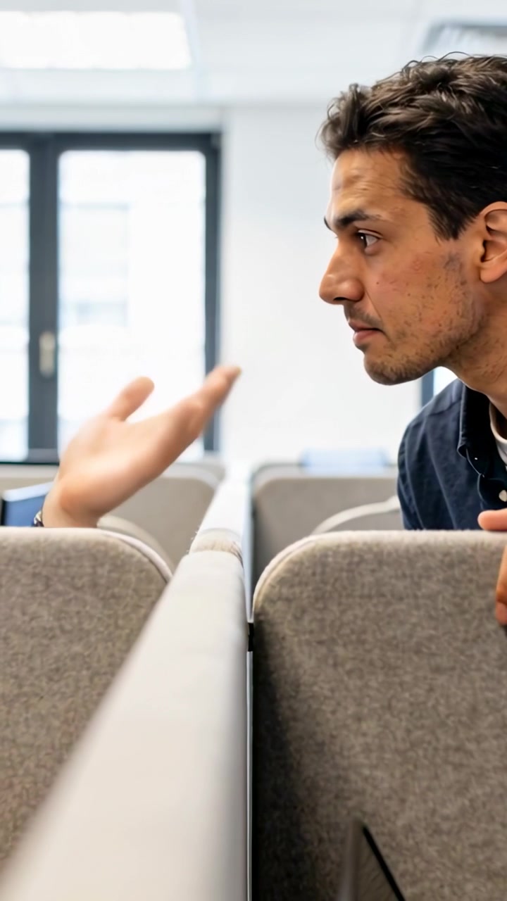 Vertical video: Pointing hand sparking focused chat, man in dark top leaning at divider, copy space